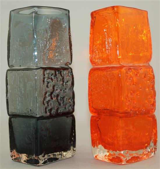 Two Whitefriars drunken bricklayer vases, designed by Jeffery Baxter, 21cm and 21.5cm